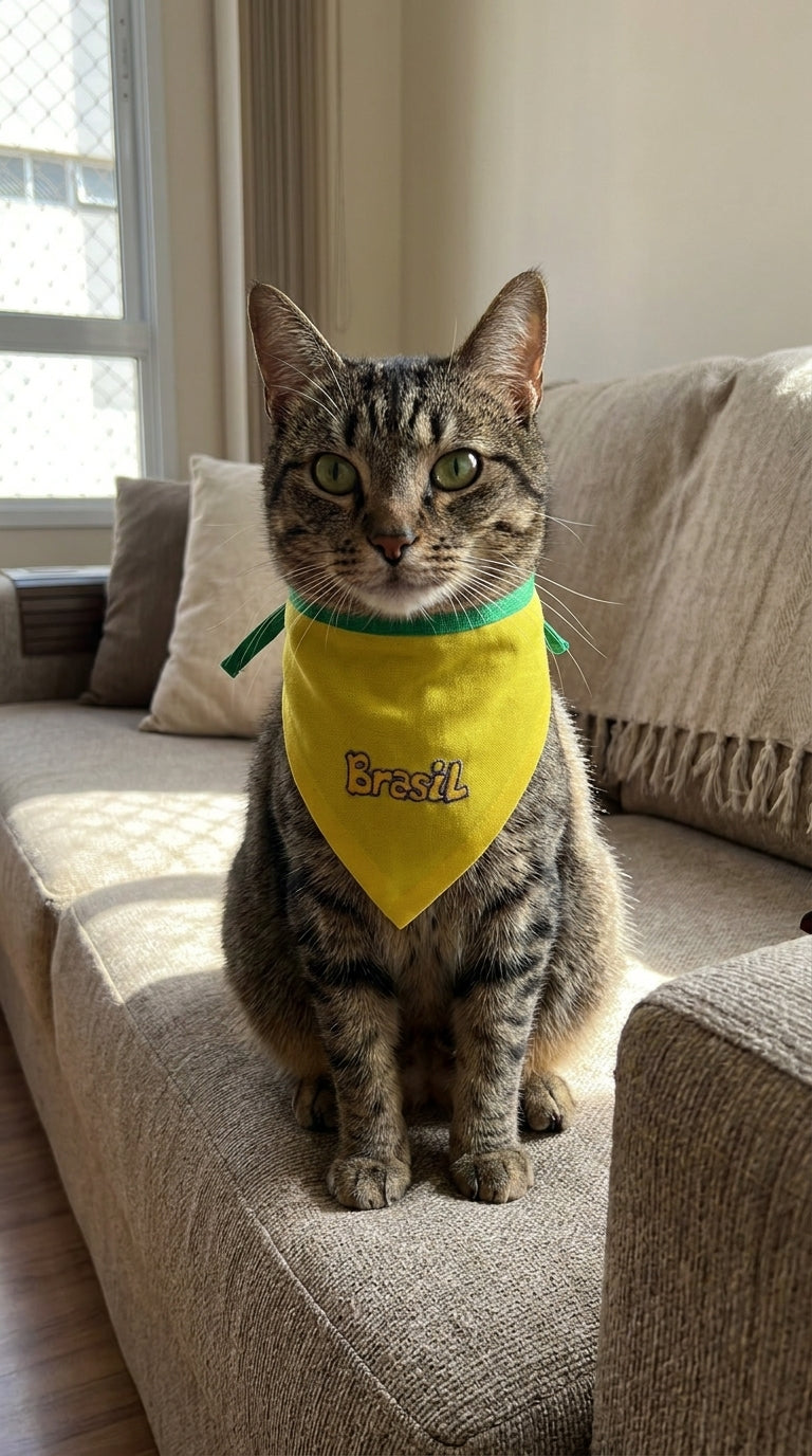 Bandana Pet Brasil Amarela Bordada Modelo Brasil Fun – Tamanhos P, M e G | Doca Express