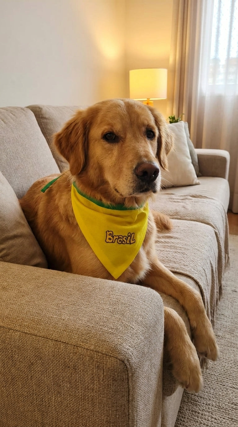 Bandana Pet Brasil Amarela Bordada Modelo Brasil Fun – Tamanhos P, M e G | Doca Express