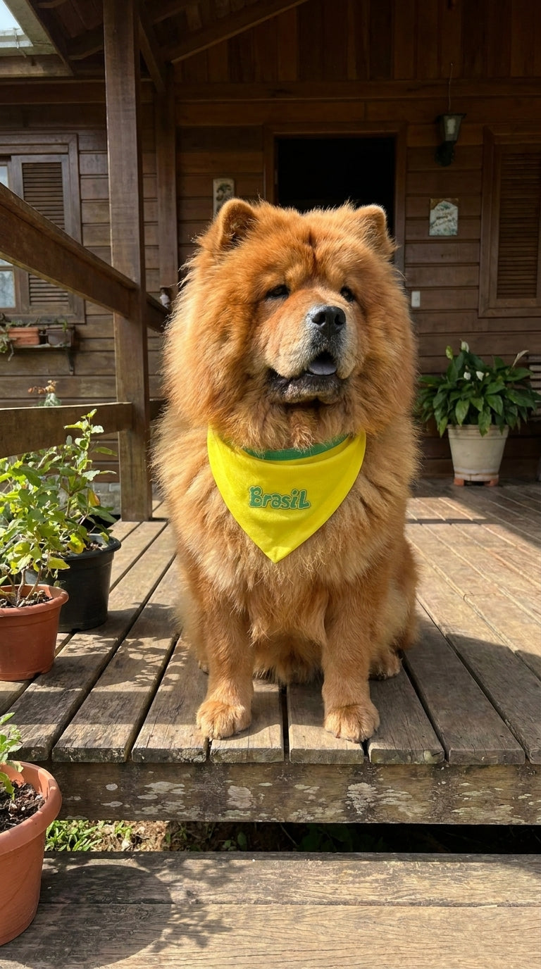 Bandana pet Brasil amarela bordada modelo Bordado Soft para cachorro e gato