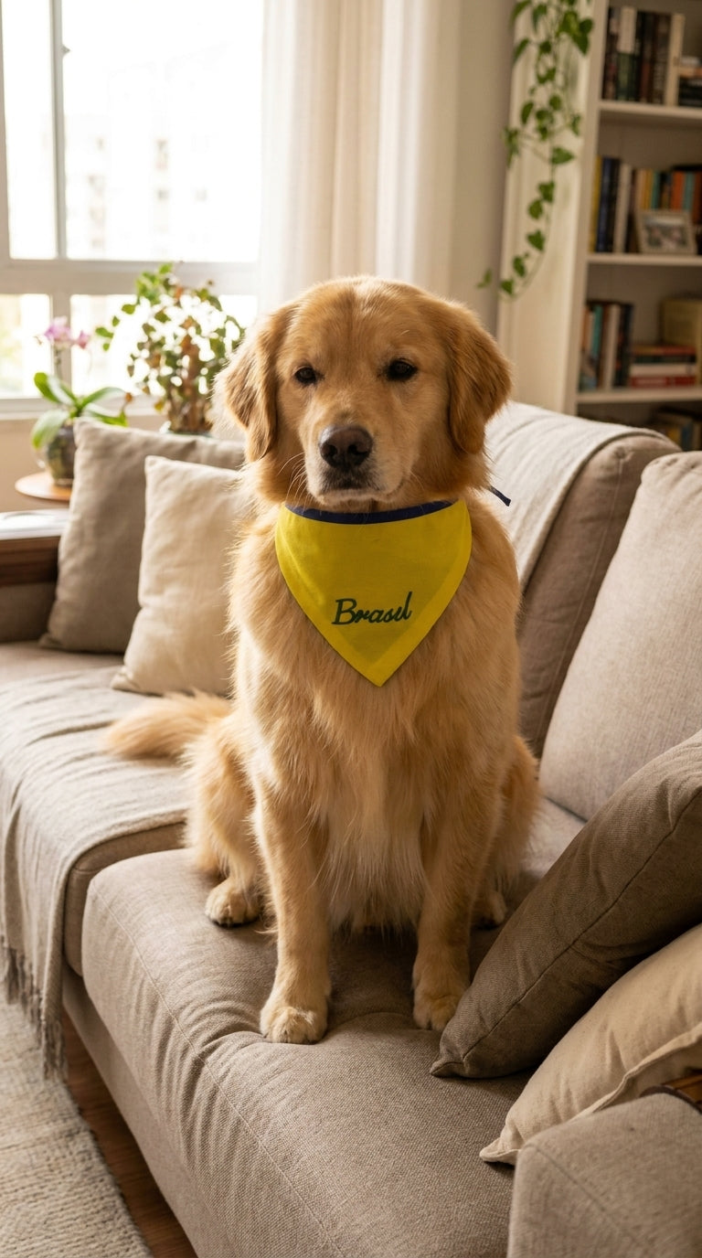 Bandana pet Brasil amarela bordada modelo Brasil Raiz para cachorro e gato