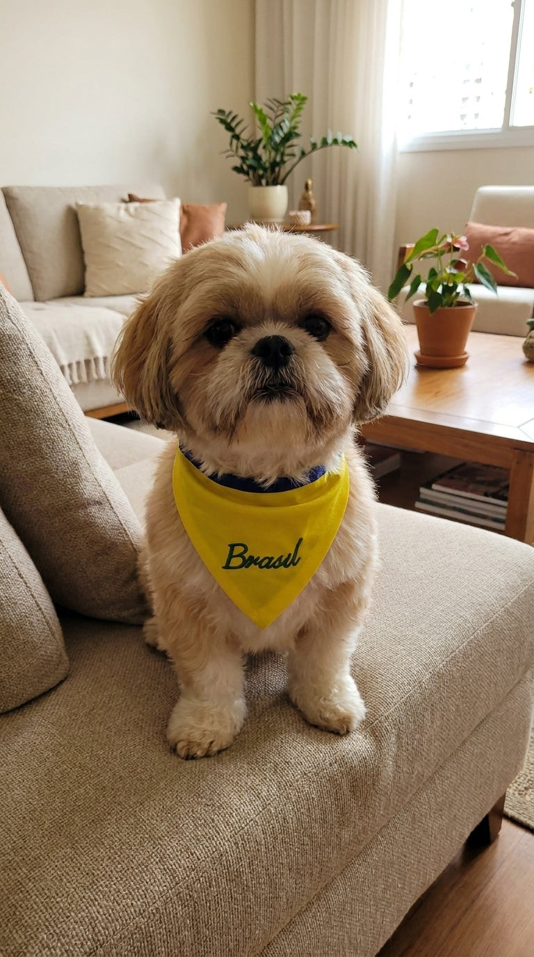 Bandana pet Brasil amarela bordada modelo Brasil Raiz para cachorro e gato