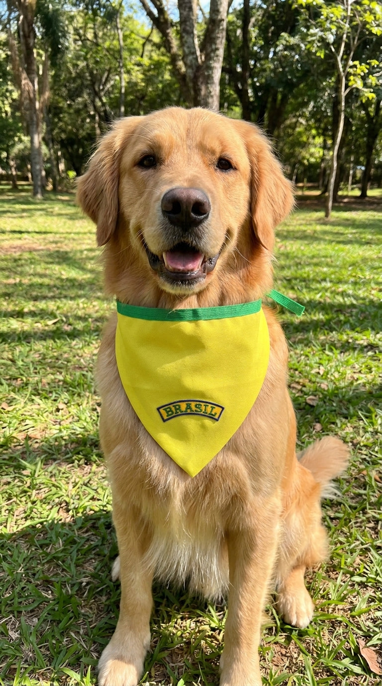 Bandana pet Brasil amarela bordada modelo Canarinho para cachorro e gato