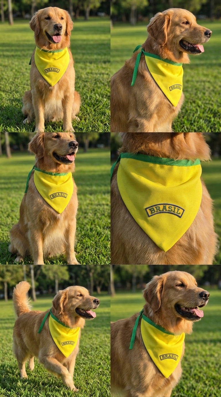 Bandana pet Brasil amarela bordada modelo Canarinho para cachorro e gato