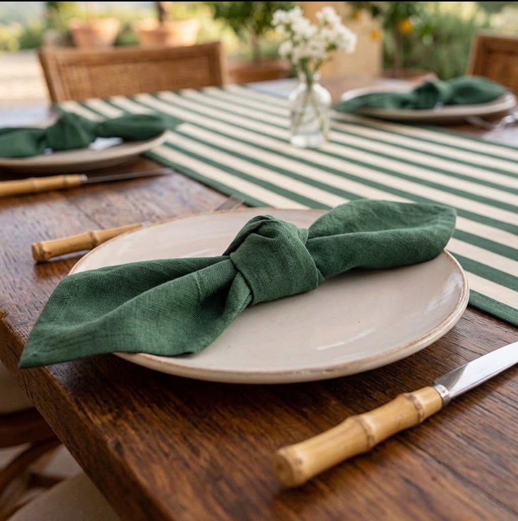 Caminho de Mesa Listrado Mediterrâneo Verde com Guardanapos Coordenados em Mesa Posta Elegante