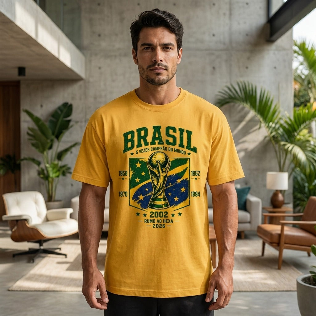 Camiseta masculina amarela Hexa Canarinho em algodão premium