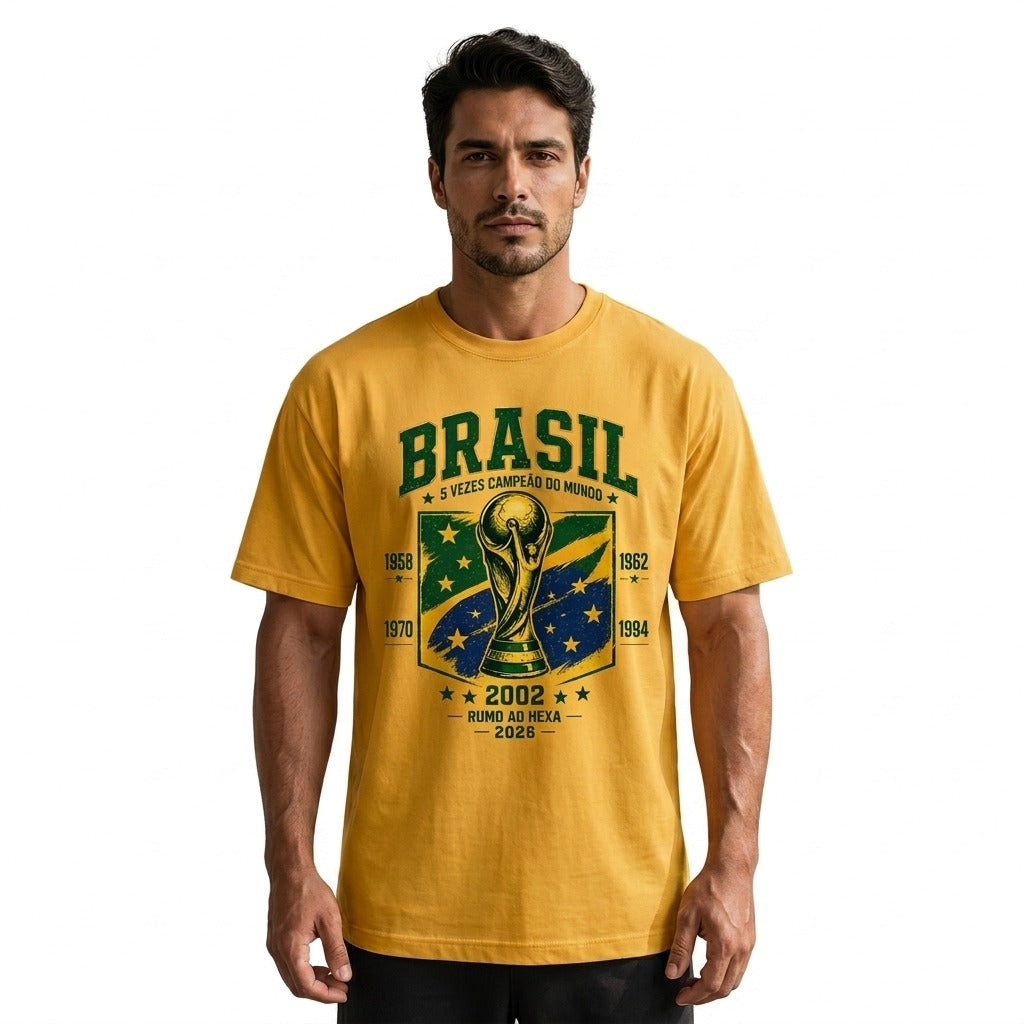 Camiseta masculina canarinho com visual inspirado no futebol brasileiro