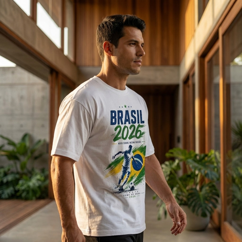 Camiseta masculina estampa futebol Brasil Copa 2026