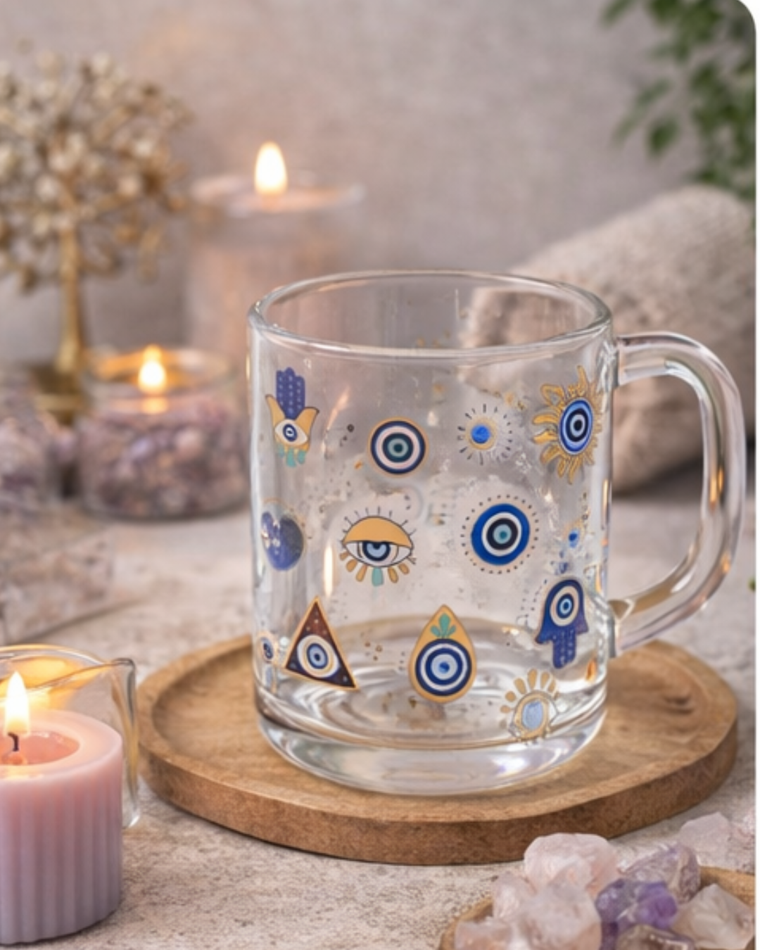 Caneca Olhos Gregos | Vidro Decorativo com Símbolos de Proteção - Doca Express