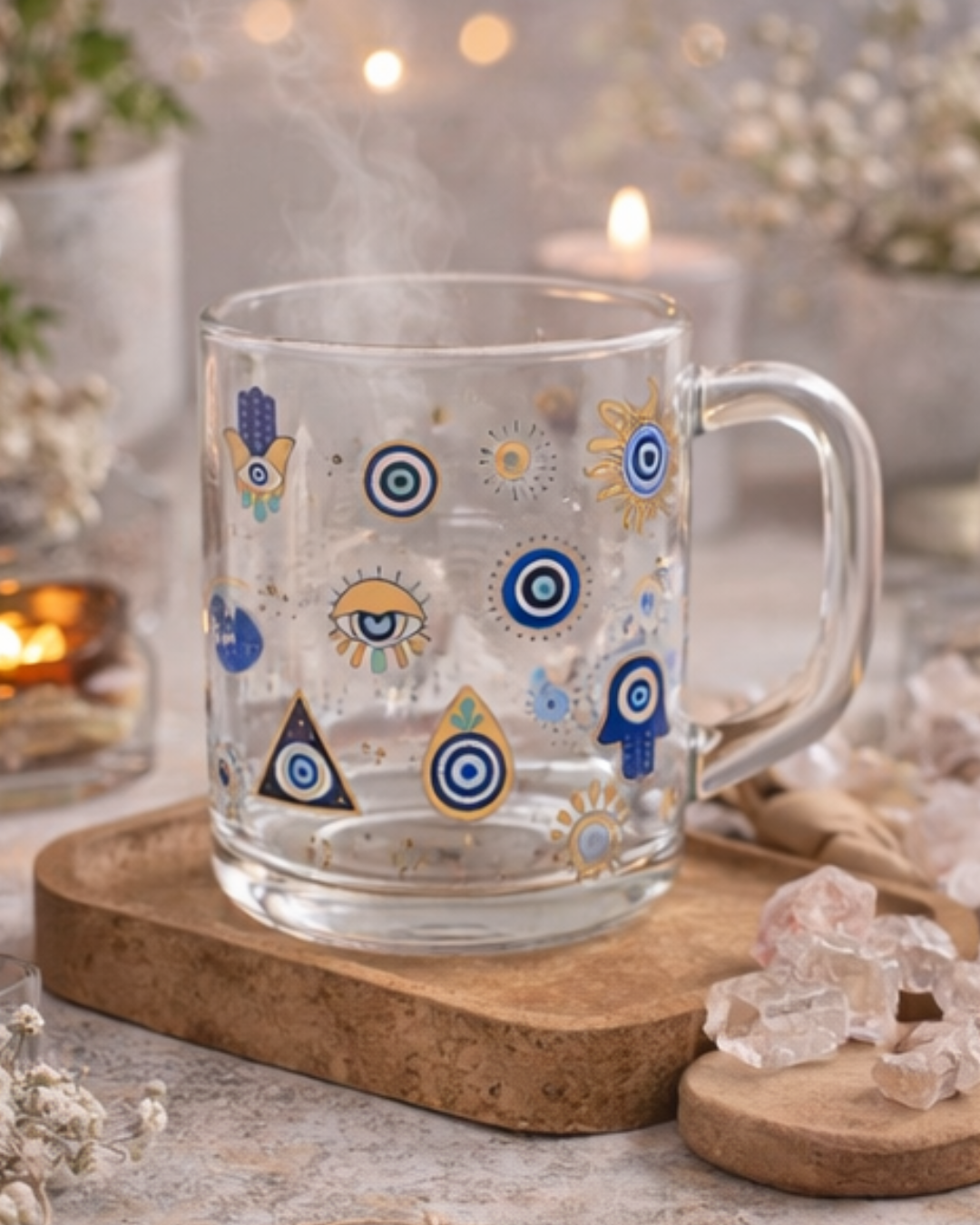 Caneca Olhos Gregos | Vidro Decorativo com Símbolos de Proteção - Doca Express