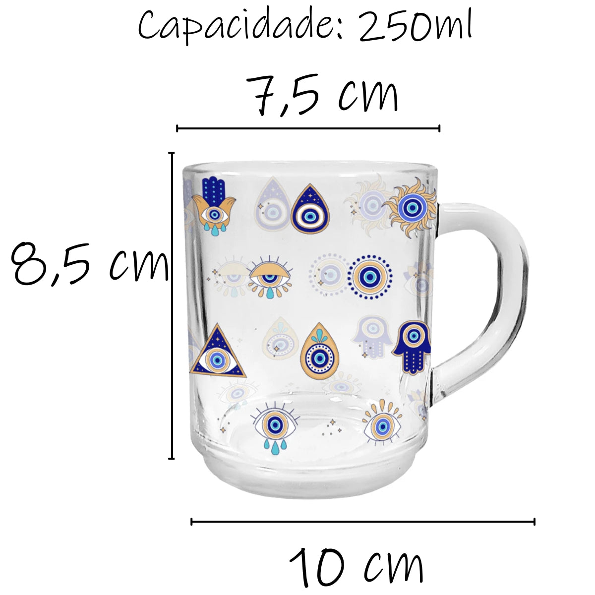 Caneca Olhos Gregos | Vidro Decorativo com Símbolos de Proteção - Doca Express