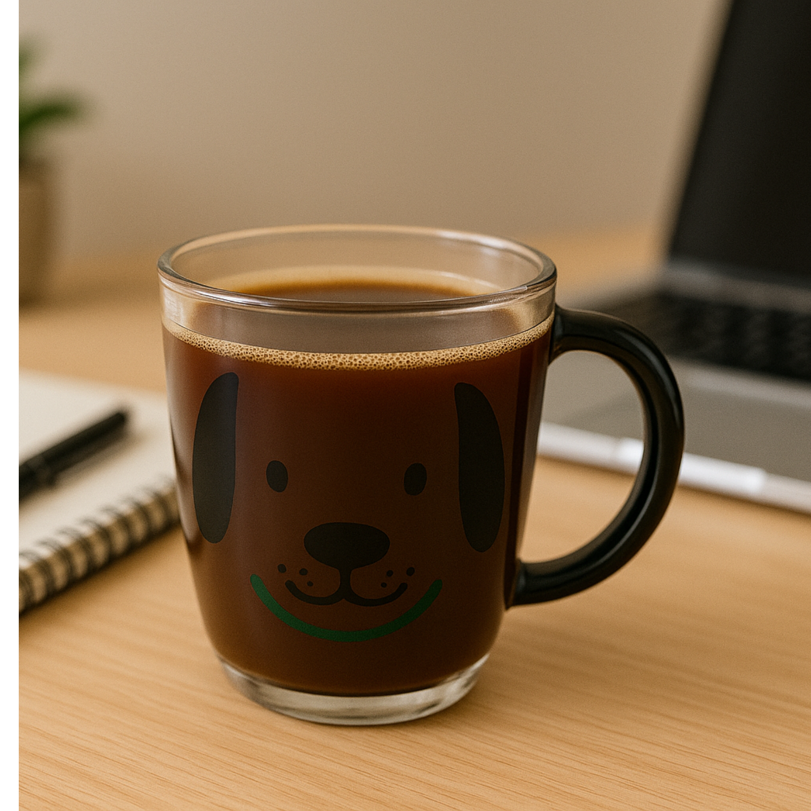 Caneca de Vidro Transparente com Estampa de Cachorro – Alça Preta – 300ml – Caneca Divertida, Criativa e Decorativa para Café, Chá e Presentes

