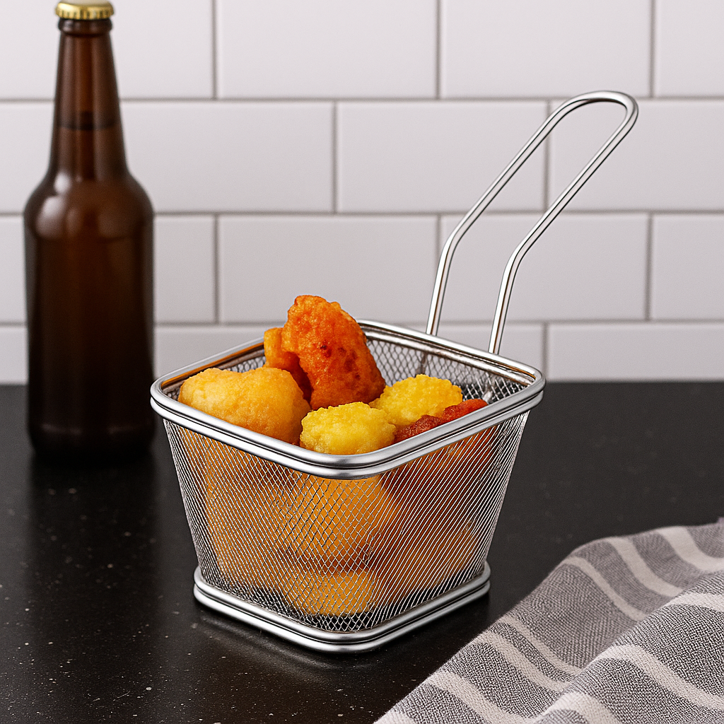 Cestinha de Fritura em Aço Inox 11×13×8cm | Mini Cesta Gourmet para Porções – Batata Frita - Frango - Legumes - Doca Express