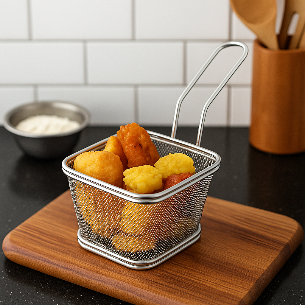 Cestinha de Fritura em Aço Inox 11×13×8cm | Mini Cesta Gourmet para Porções – Batata Frita - Frango - Legumes - Doca Express
