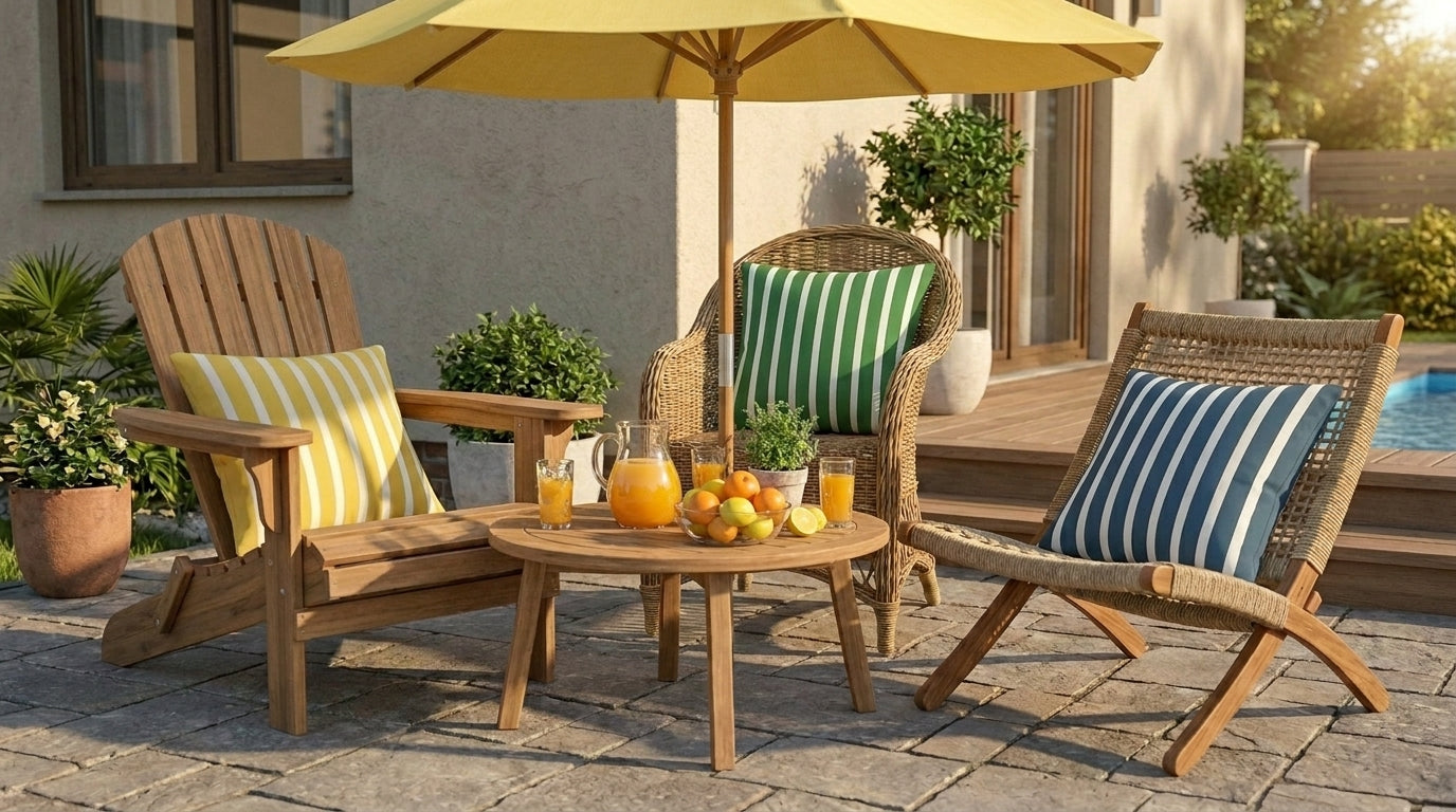 Coleção Mediterrâneo Doca Express com capas de almofada decorativas nas cores azul, verde e amarelo.