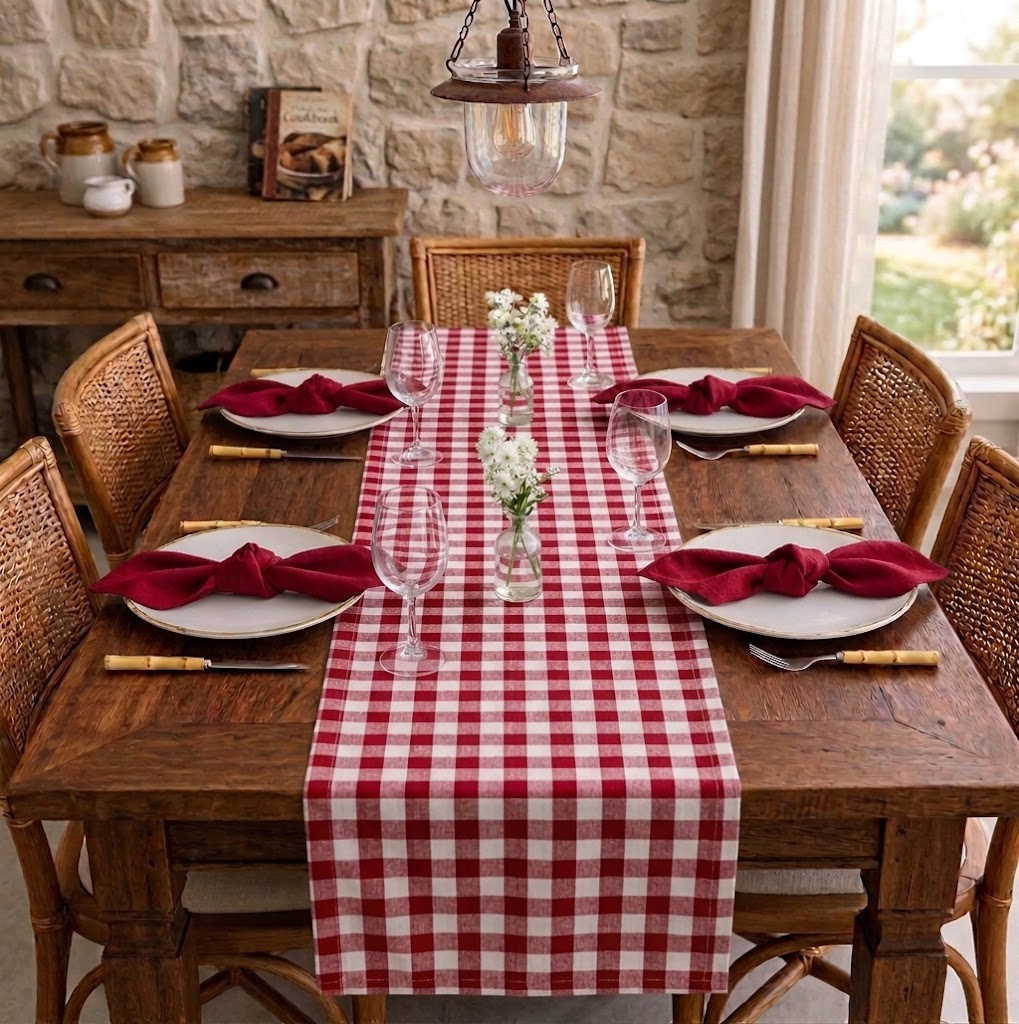 Conjunto decorativo xadrez vermelho para festas juninas, jantares e reuniões familiares.