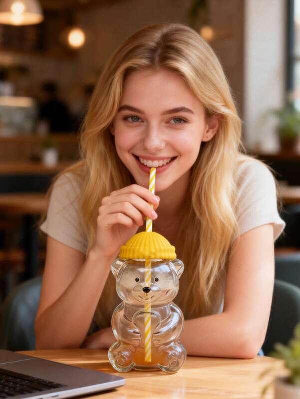 Copo de Vidro Urso com Canudo 600ml