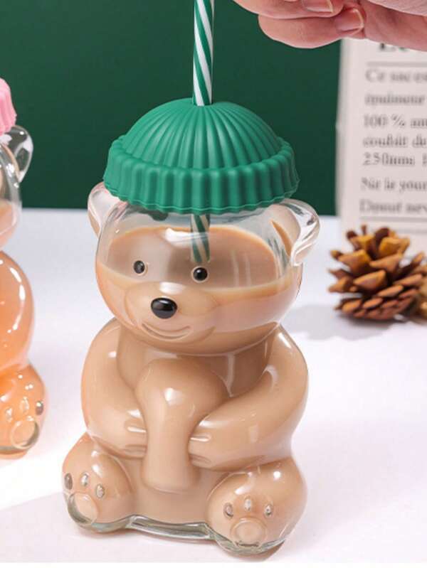 Copo de Vidro Urso com Canudo 600ml