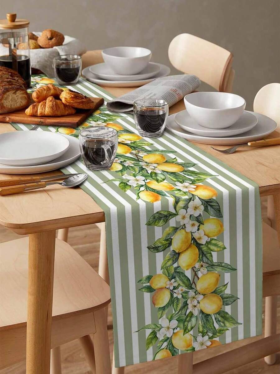Corredor de mesa decorativo para cozinha gourmet com flores e limões sicilianos.