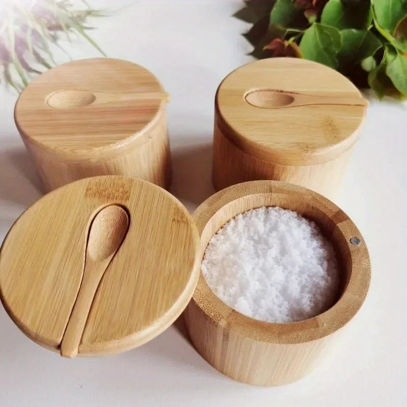 Cozinha -  Porta-Tempero de Bambu com Tampa Giratória e Colher – Natural, Ecológico e Prático