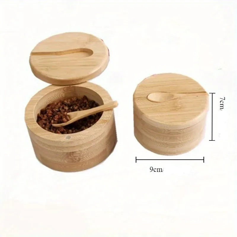 Cozinha -  Porta-Tempero de Bambu com Tampa Giratória e Colher – Natural, Ecológico e Prático