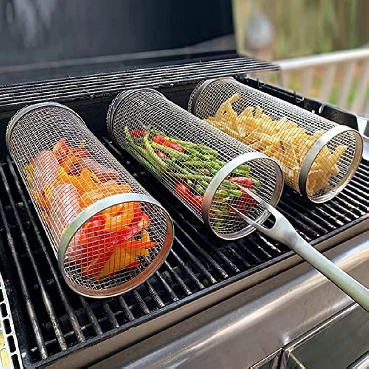 Cozinha Cesta Cilindrica para Churrasco de Aço  Inox Grelhar Malha de Arame Portátil Suporte Churrasco 