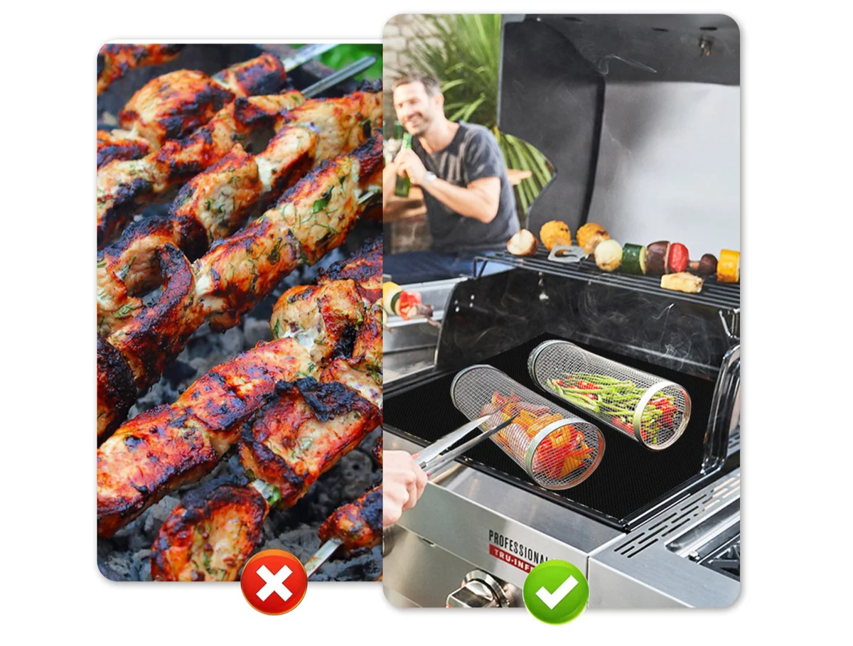 Cozinha Cesta Cilindrica para Churrasco de Aço  Inox Grelhar Malha de Arame Portátil Suporte Churrasco 
