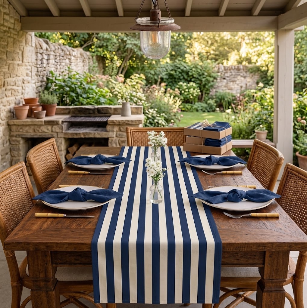 Decoração de Mesa Estilo Mediterrâneo com Caminho de Mesa Listrado Azul Marinho e Off White