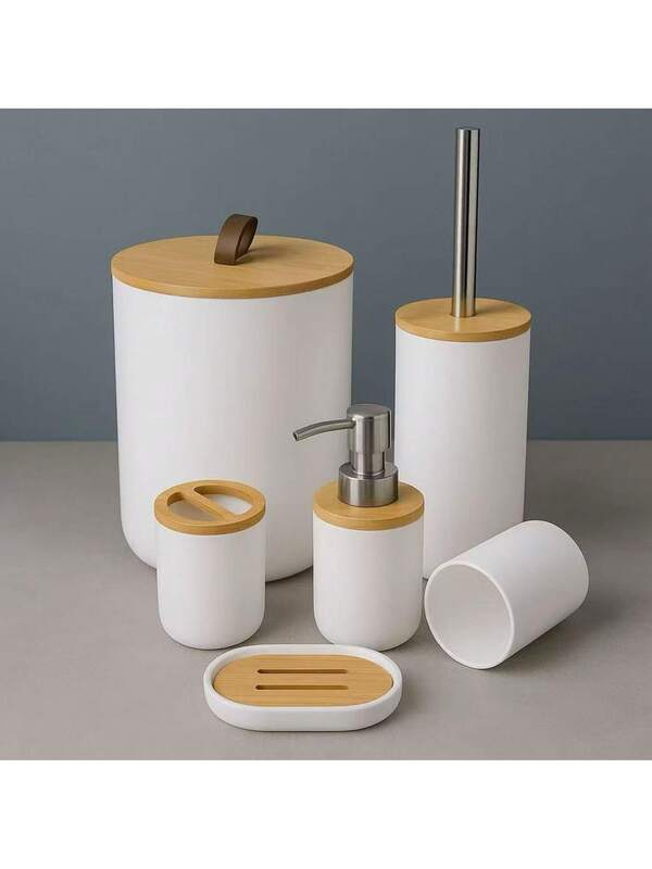 Kit Banheiro Luxo Preto com Bambu – Conjunto de Acessórios 6 ou 4 Peças