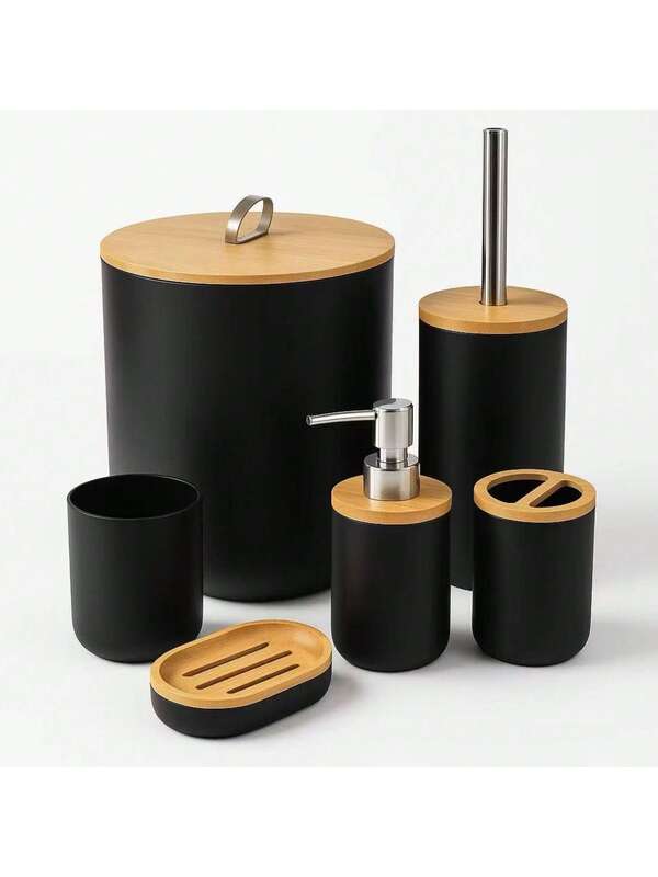 Kit Banheiro Luxo Preto com Bambu – Conjunto de Acessórios 6 ou 4 Peças