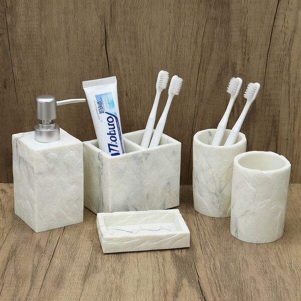 Kit Banheiro Mármore Luxo 7 Peças com Bandejas e Dispenser