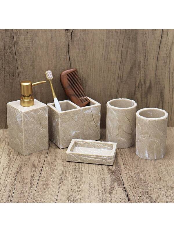 Kit Banheiro Mármore Luxo 7 Peças com Bandejas e Dispenser