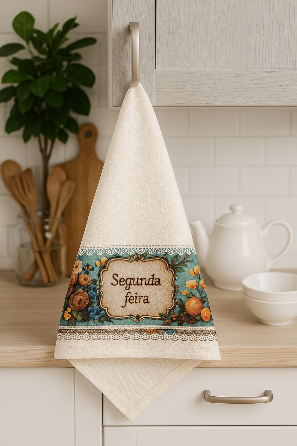 Kit Panos de Prato 7 Dias da Semana – Organização - 100 % Algodão - Barrado Estampa Digital Vintage - Charme e Praticidade na Sua Cozinha Gourmet - Doca Express