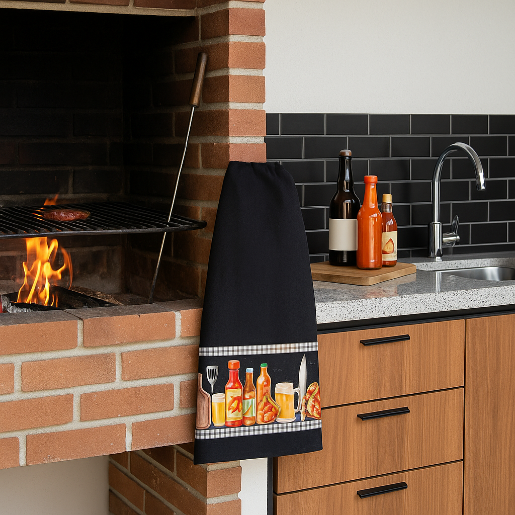 Kit com 3 Panos de Cozinha Pretos 100% Algodão 70x40cm com Barrado Digital Churrasco – Alta Qualidade - Doca Express