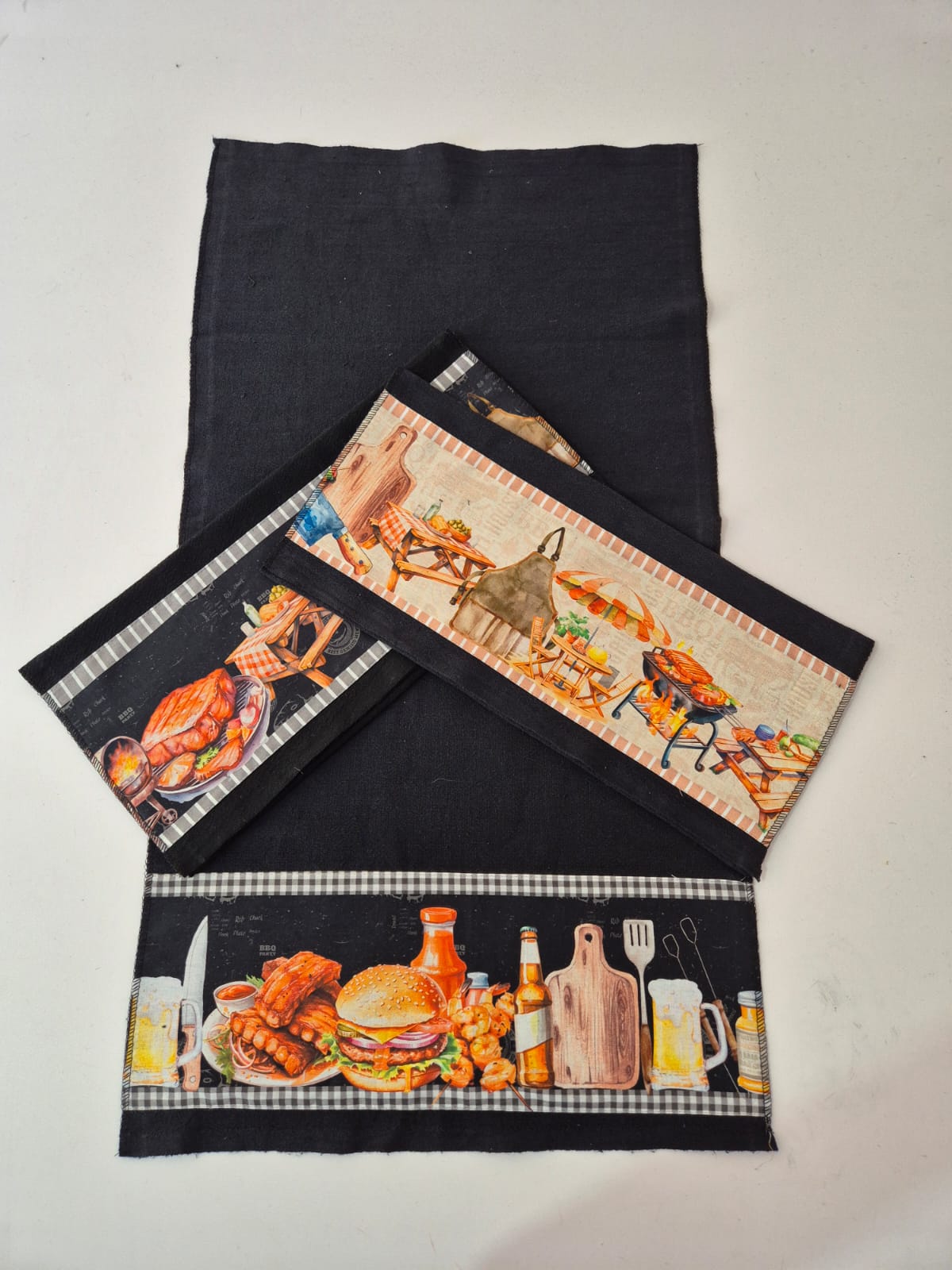 Kit com 3 Panos de Cozinha Pretos 100% Algodão 70x40cm com Barrado Digital Churrasco – Alta Qualidade - Doca Express
