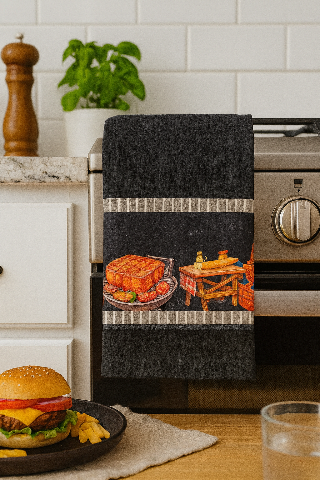 Kit com 3 Panos de Cozinha Pretos 100% Algodão 70x40cm com Barrado Digital Churrasco – Alta Qualidade - Doca Express