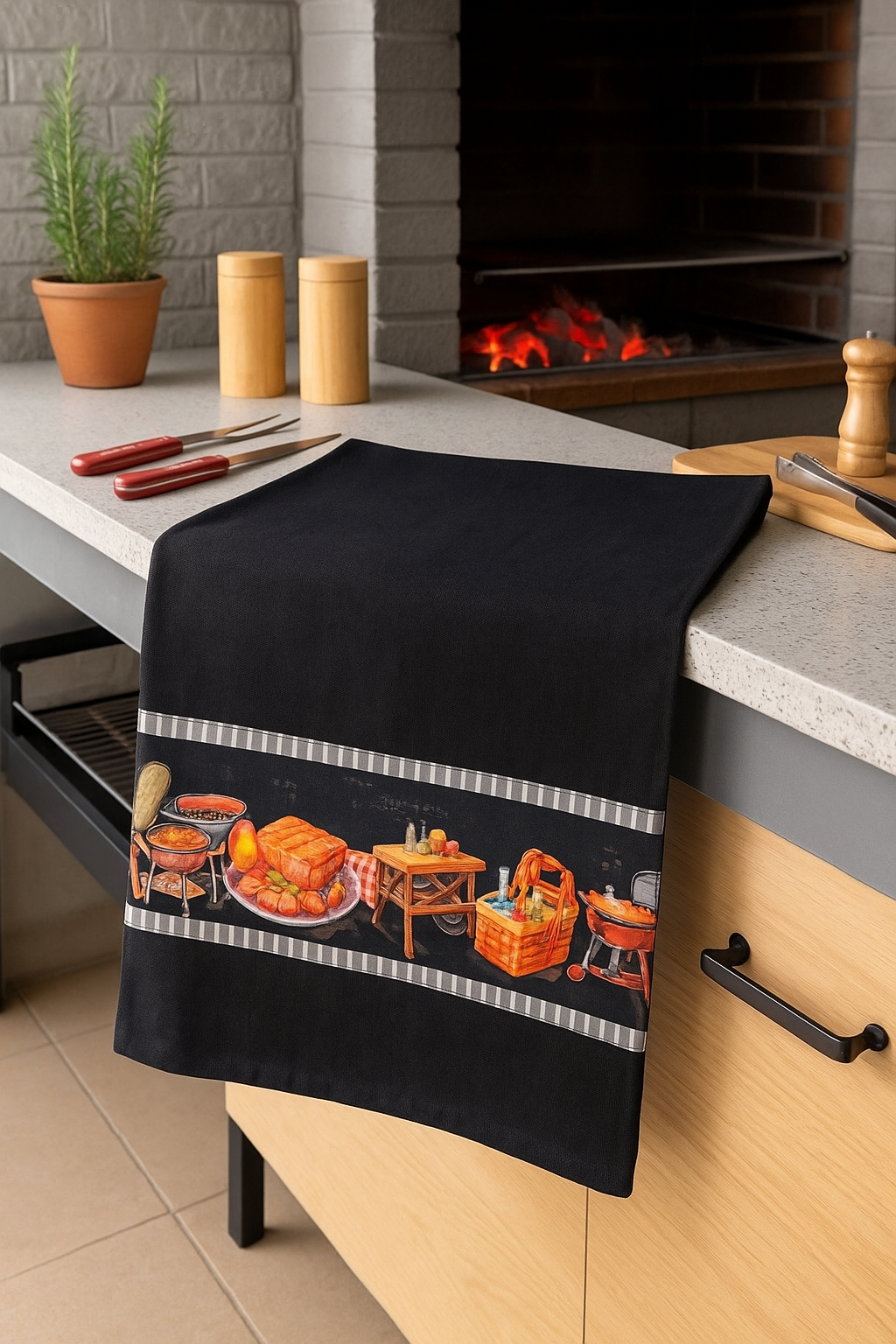 Kit com 3 Panos de Cozinha Pretos 100% Algodão 70x40cm com Barrado Digital Churrasco – Alta Qualidade - Doca Express