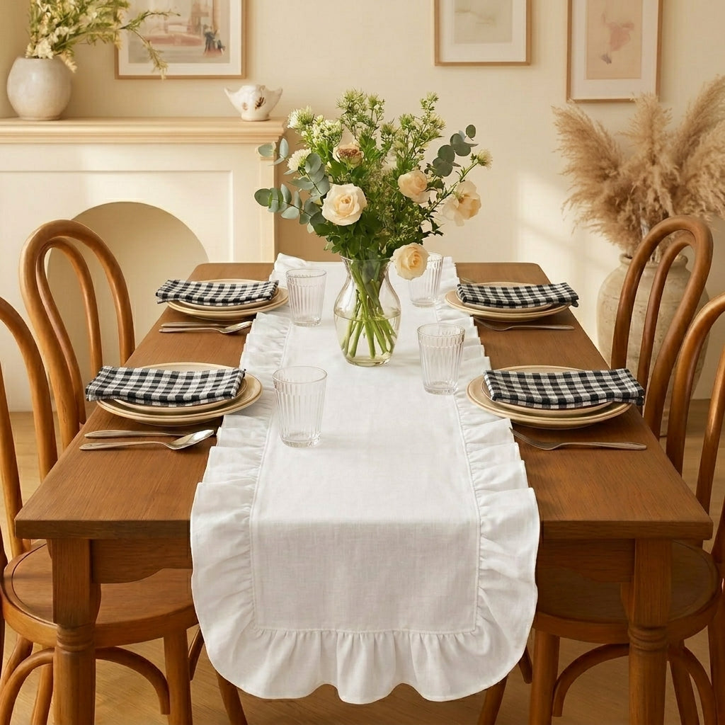 Kit decorativo para mesa posta com caminho de mesa branco estilo provençal e conjunto de guardanapos xadrez.
