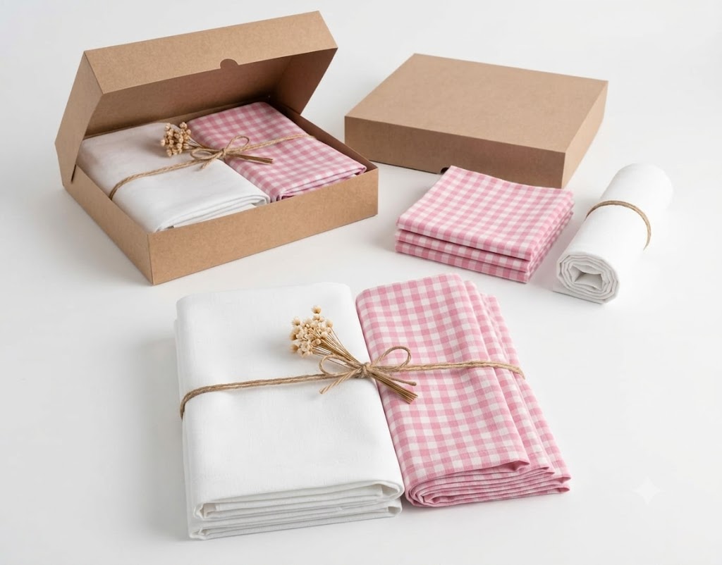 Kit decorativo para mesa posta com caminho de mesa branco estilo provençal e conjunto de guardanapos xadrez.