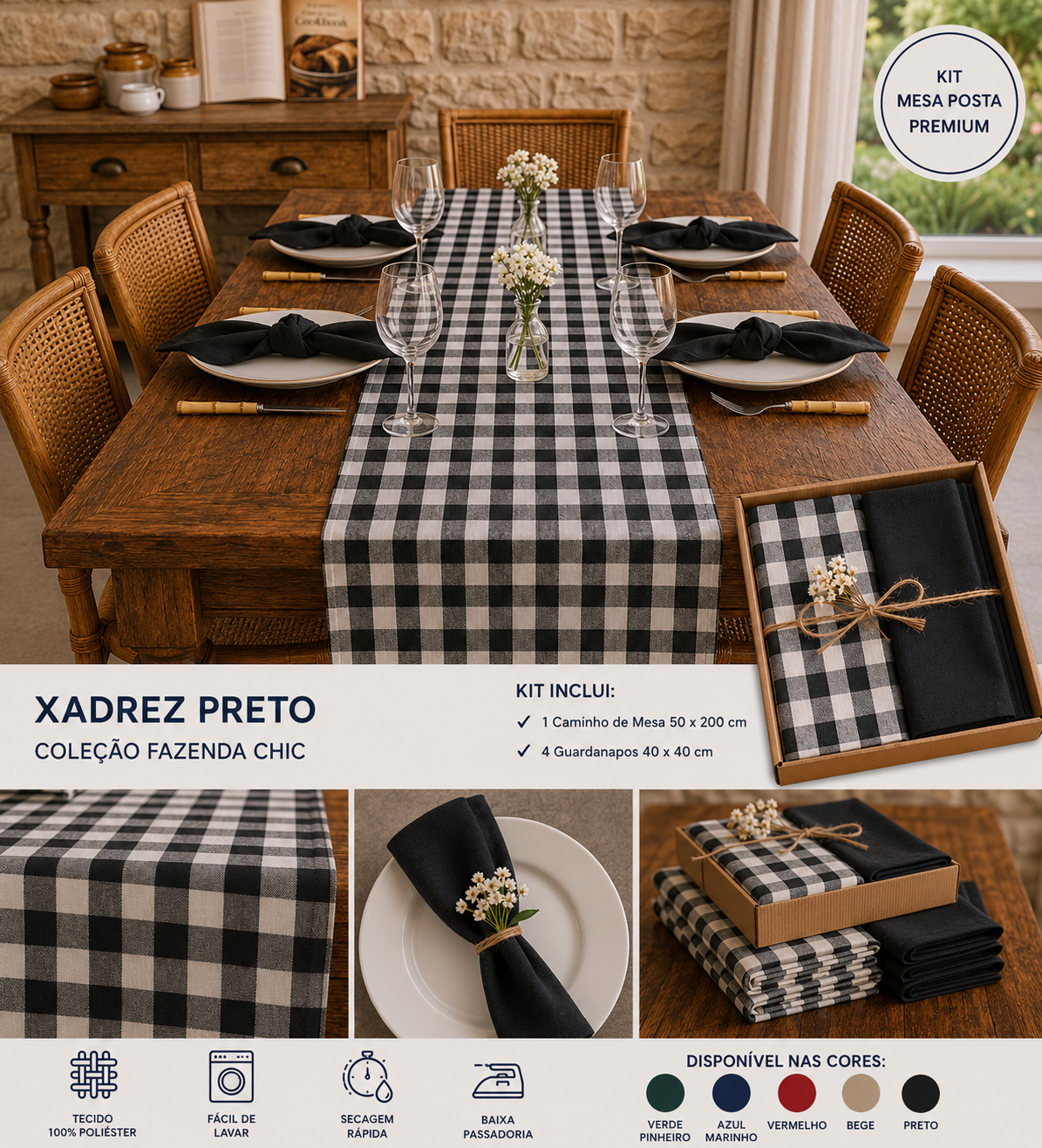 Kit decorativo para mesa posta estilo fazenda chic em tecido xadrez preto