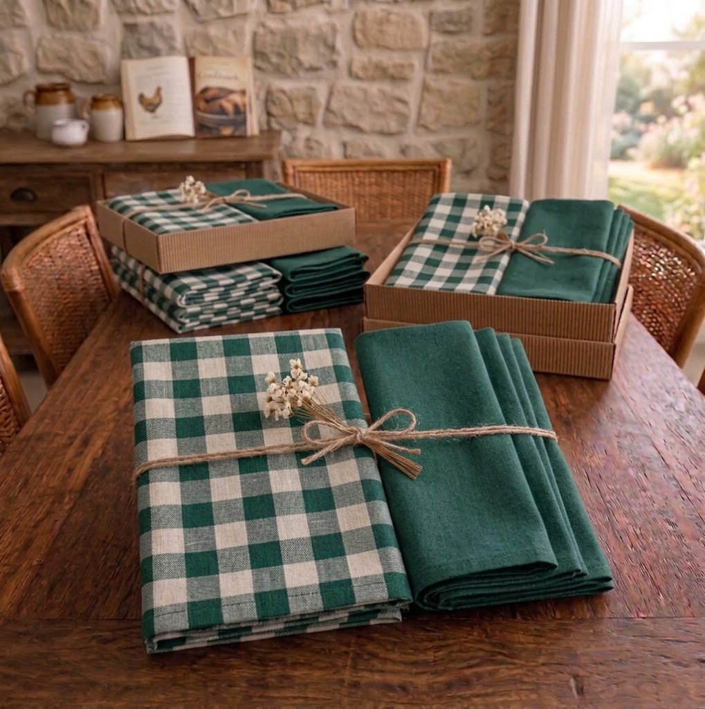 Kit decorativo para mesa posta estilo fazenda chic em tecido xadrez verde.