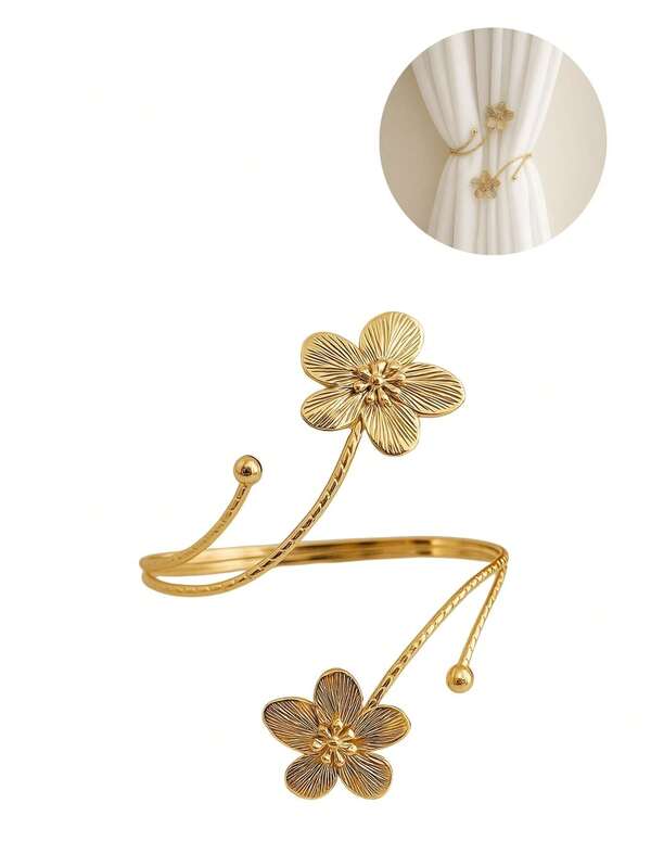 Kits 2 Prendedores de Cortina Flor em Aço Inoxidável - Abraçadeira Decorativa Luxo - Dourada e Prateada - Doca Express Cortinas 