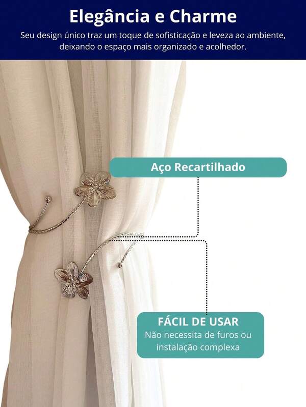 Kits 2 Prendedores de Cortina Flor em Aço Inoxidável - Abraçadeira Decorativa Luxo - Dourada e Prateada - Doca Express Cortinas 