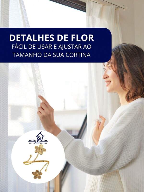 Kits 2 Prendedores de Cortina Flor em Aço Inoxidável - Abraçadeira Decorativa Luxo - Dourada e Prateada - Doca Express Cortinas 