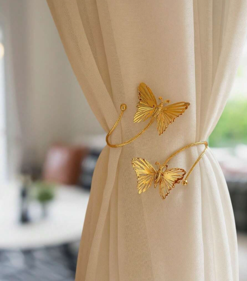 Kits 2 Prendedores de Cortina formato de Borboleta em Aço Inoxidável - Abraçadeira Decorativa Luxo Dourada e Prateada - Doca Express Cortinas 
