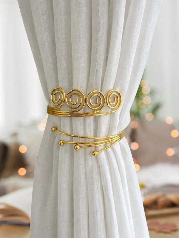 Kits de 2 Prendedores de Cortina modelo Espiral Arredondado em Aço Inoxidável - Abraçcadeira Decorativa Luxo Dourada e Prateada - Doca Express Cortinas 