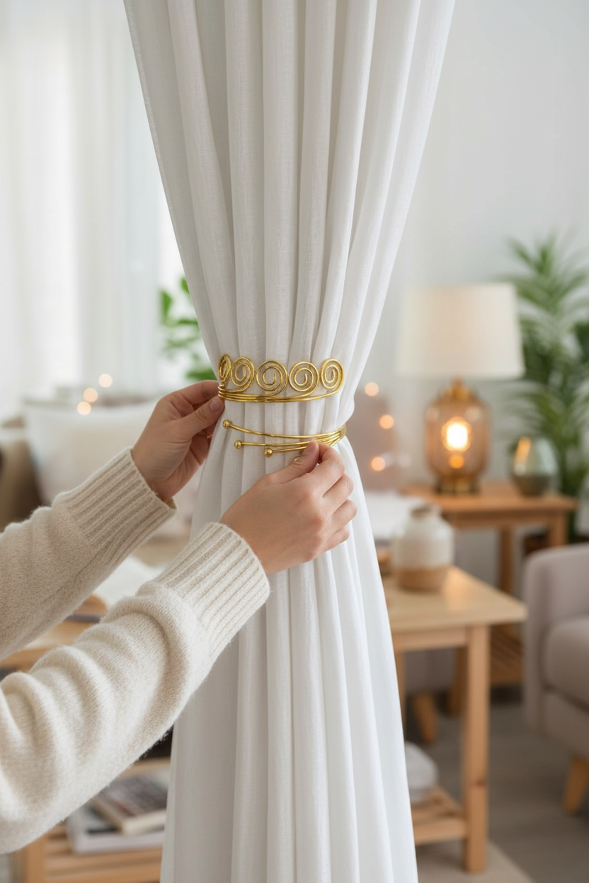 Kits de 2 Prendedores de Cortina modelo Espiral Arredondado em Aço Inoxidável - Abraçadeira Decorativa Luxo Dourada e Prateada - Doca Express Cortinas