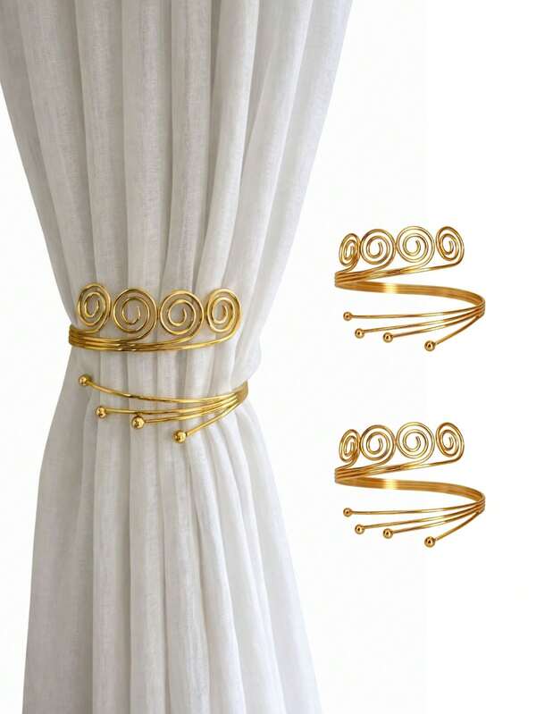 Kits de 2 Prendedores de Cortina modelo Espiral Arredondado em Aço Inoxidável - Abraçcadeira Decorativa Luxo Dourada e Prateada - Doca Express Cortinas 