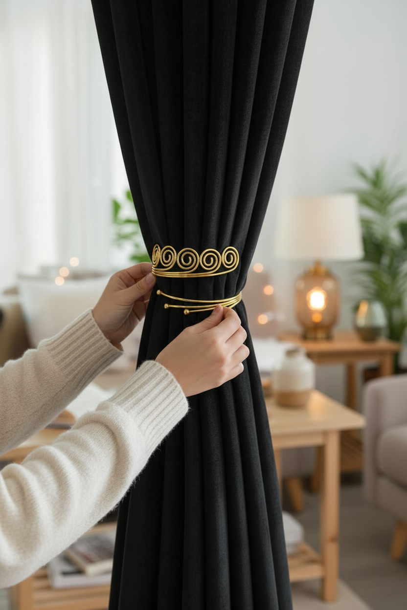 Kits de 2 Prendedores de Cortina modelo Espiral Arredondado em Aço Inoxidável - Abraçadeira Decorativa Luxo Dourada e Prateada - Doca Express Cortinas