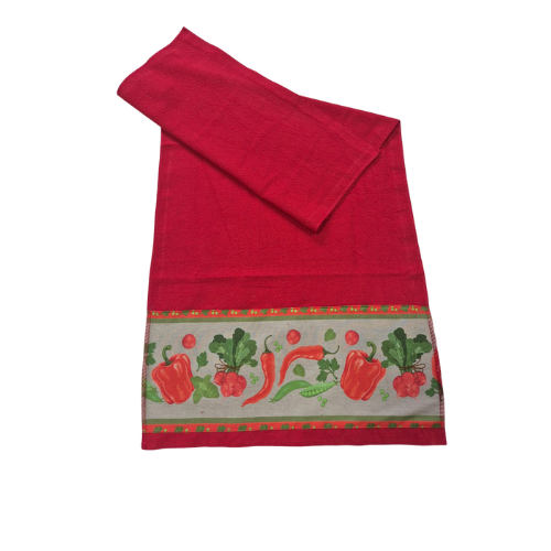 Kits de 3 Panos de Prato, 100% Algodão Vermelho Barrado de Verduras e Legumes, 70X40 cm - Doca Express