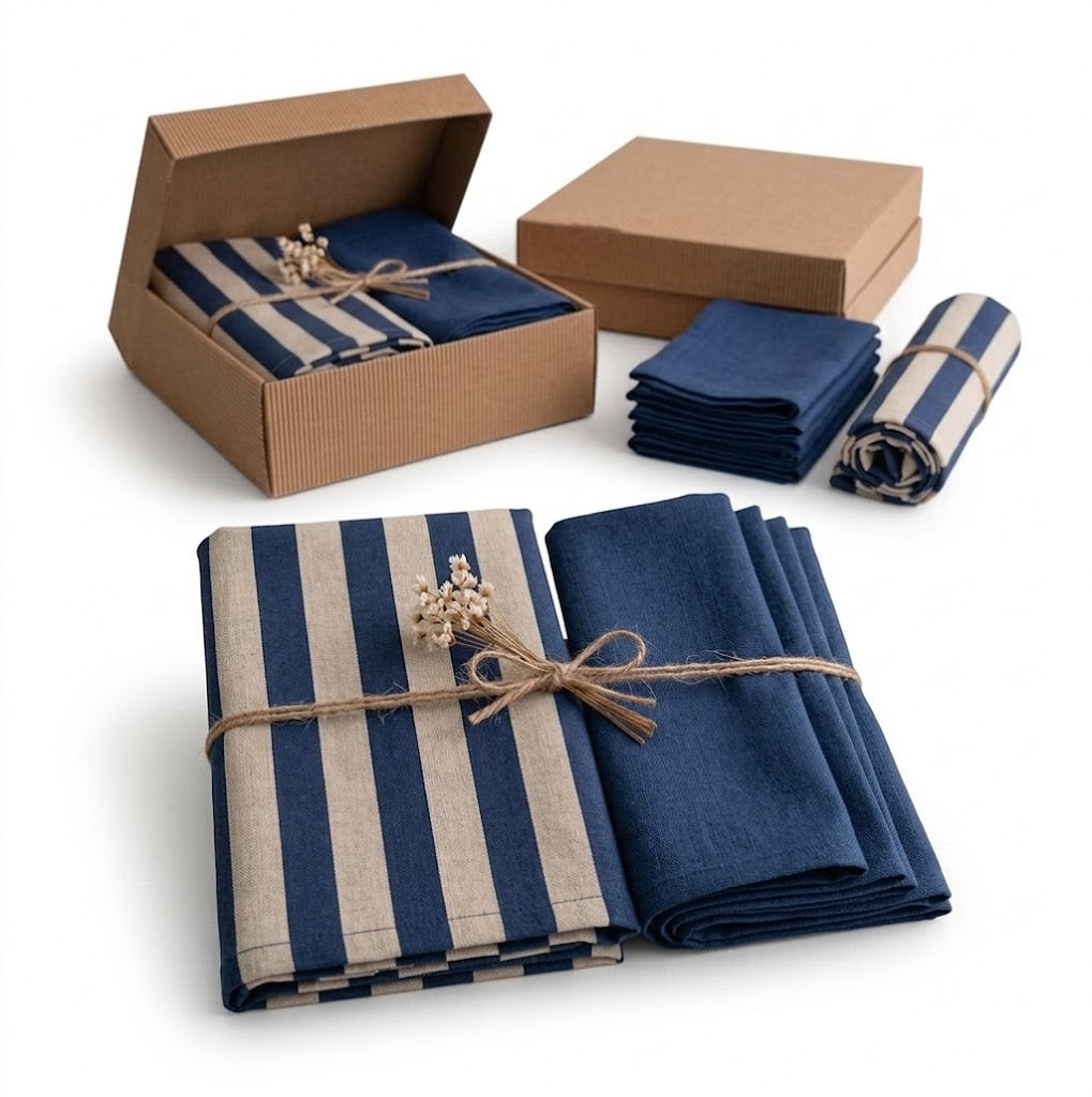 Mesa de Jantar Rústica Decorada com Caminho de Mesa Listrado Azul Marinho Premium Doca Express